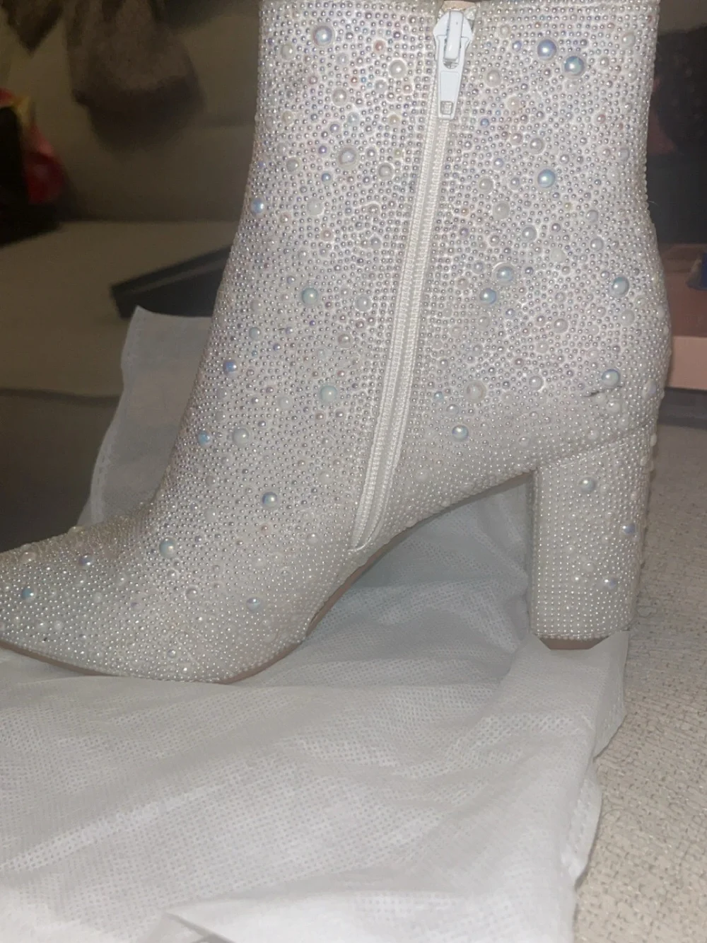 Betsey Johnson Ivory Pearl & Crystal Embellished Block Heel Ankle Booties